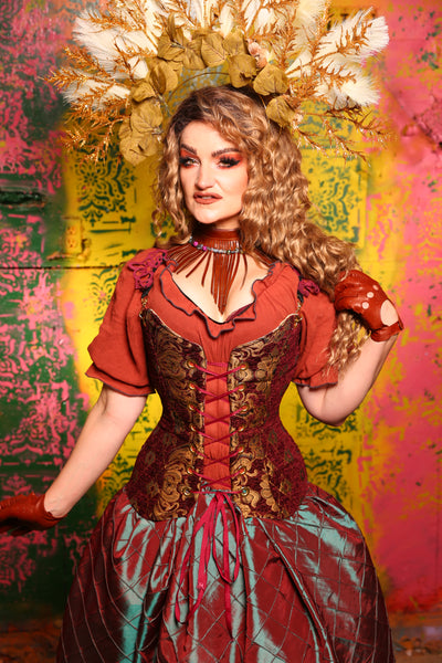 Crossfire Corset in Burgundy and Gold Diamond with Medallion Center Front and Scalloped Suede Straps #13 - Cider & Cinders Collection