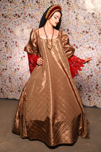 Medieval Gown with Long Red Lace Trim in Carmel Gold Pintuck - The Tudor Tidings Collection