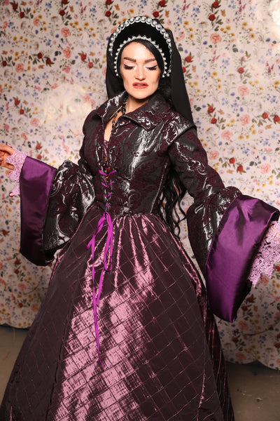 Detachable Renaissance Bell Sleeves in Plum & Silver Medallion - The Tudor Tidings Collection