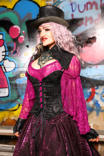 16. Petite Overbust Corset w/Arch Collar In Pitch Black Damask - The Amaranth & Aster Collection