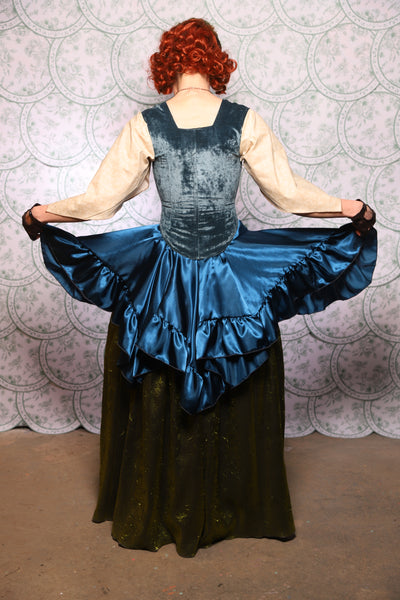 25. Mini Fairy Skirt in Peacock Teal Satin With Ruffles - The Tudor Tarot Collection
