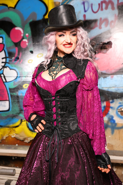 16. Petite Overbust Corset w/Arch Collar In Pitch Black Damask - The Amaranth & Aster Collection
