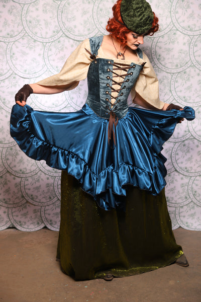 25. Mini Fairy Skirt in Peacock Teal Satin With Ruffles - The Tudor Tarot Collection