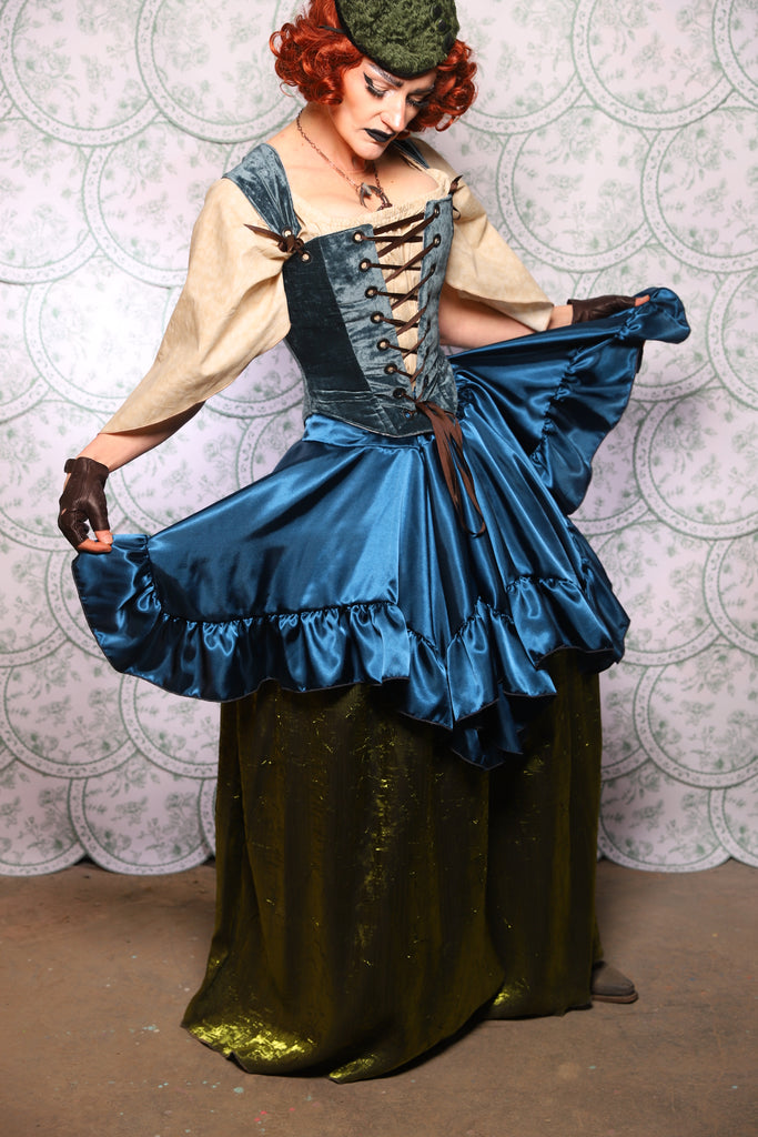 25. Mini Fairy Skirt in Peacock Teal Satin With Ruffles - The Tudor Tarot Collection
