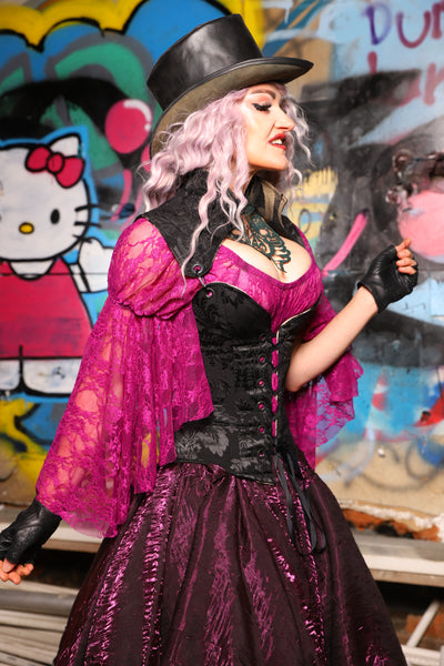 16. Petite Overbust Corset w/Arch Collar In Pitch Black Damask - The Amaranth & Aster Collection