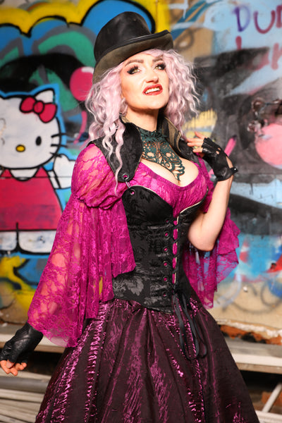 16. Petite Overbust Corset w/Arch Collar In Pitch Black Damask - The Amaranth & Aster Collection