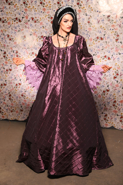 Medieval Gown with Long Lavender Lace Trim in Dusk Pintuck - The Tudor Tidings Collection