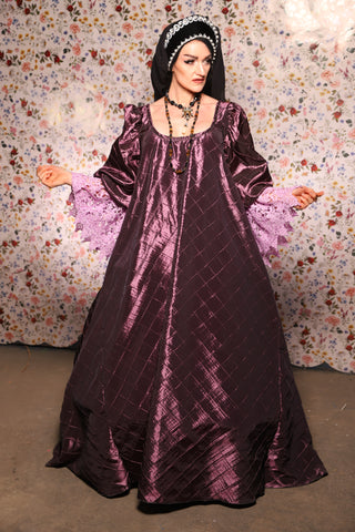 Medieval Gown with Long Lavender Lace Trim in Dusk Pintuck - The Tudor Tidings Collection