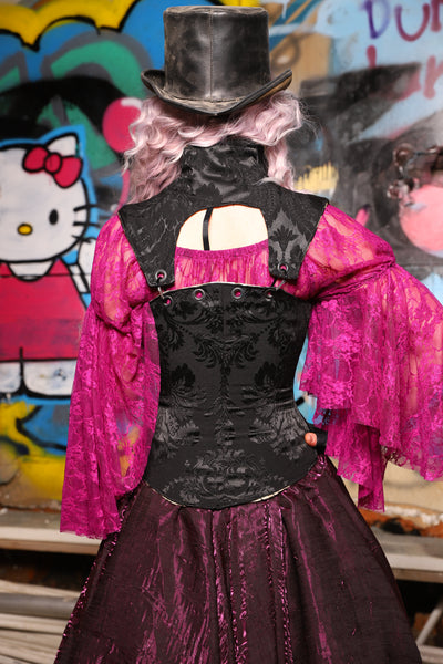 16. Petite Overbust Corset w/Arch Collar In Pitch Black Damask - The Amaranth & Aster Collection