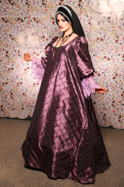 Medieval Gown with Long Lavender Lace Trim in Dusk Pintuck - The Tudor Tidings Collection