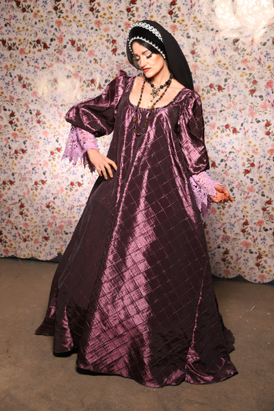 Medieval Gown with Long Lavender Lace Trim in Dusk Pintuck - The Tudor Tidings Collection