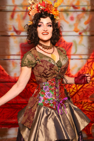 03. Cropped Courtier Corset in Burgundy and Gold Vine w/Detachable Pockets *PLEASE order by BUST Measurement, NOT waist!* - The Fall Fabulosity! Collection