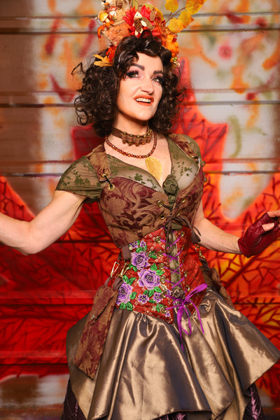 03. Cropped Courtier Corset in Burgundy and Gold Vine w/Detachable Pockets *PLEASE order by BUST Measurement, NOT waist!* - The Fall Fabulosity! Collection