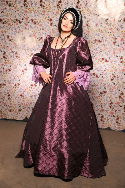 Medieval Gown with Long Lavender Lace Trim in Dusk Pintuck - The Tudor Tidings Collection