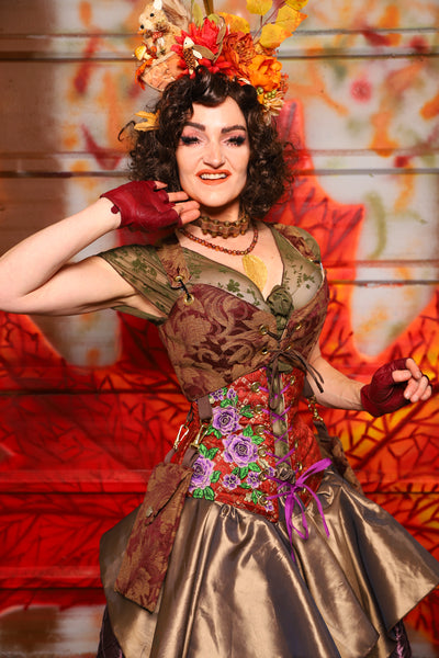 03. Cropped Courtier Corset in Burgundy and Gold Vine w/Detachable Pockets *PLEASE order by BUST Measurement, NOT waist!* - The Fall Fabulosity! Collection