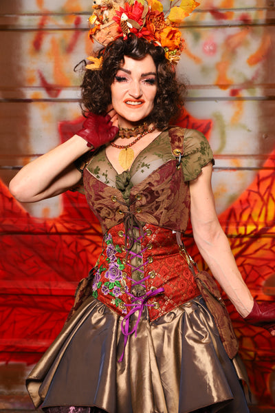 03. Cropped Courtier Corset in Burgundy and Gold Vine w/Detachable Pockets *PLEASE order by BUST Measurement, NOT waist!* - The Fall Fabulosity! Collection