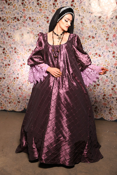 Medieval Gown with Long Lavender Lace Trim in Dusk Pintuck - The Tudor Tidings Collection