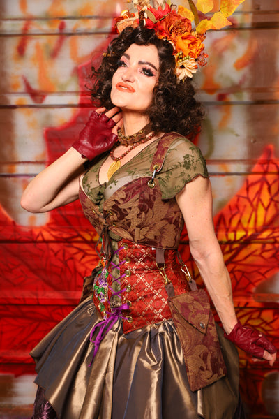 03. Cropped Courtier Corset in Burgundy and Gold Vine w/Detachable Pockets *PLEASE order by BUST Measurement, NOT waist!* - The Fall Fabulosity! Collection