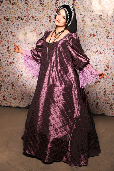 Medieval Gown with Long Lavender Lace Trim in Dusk Pintuck - The Tudor Tidings Collection