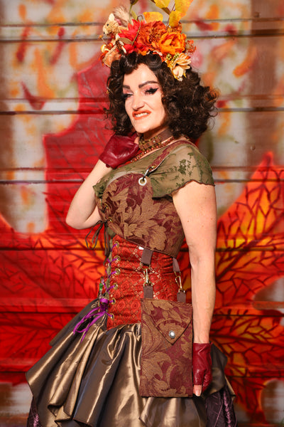 03. Cropped Courtier Corset in Burgundy and Gold Vine w/Detachable Pockets *PLEASE order by BUST Measurement, NOT waist!* - The Fall Fabulosity! Collection