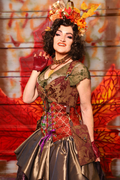03. Cropped Courtier Corset in Burgundy and Gold Vine w/Detachable Pockets *PLEASE order by BUST Measurement, NOT waist!* - The Fall Fabulosity! Collection