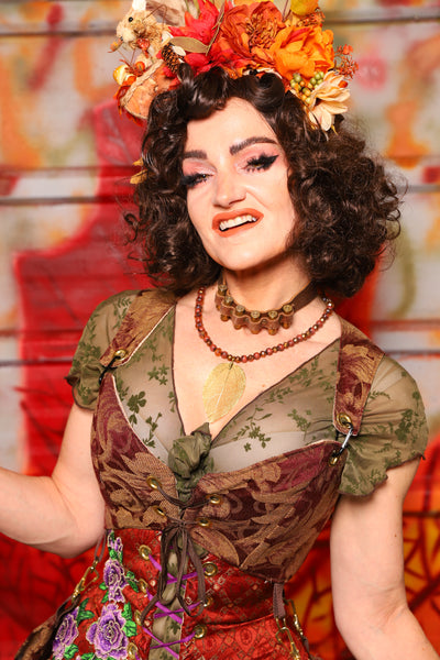 03. Cropped Courtier Corset in Burgundy and Gold Vine w/Detachable Pockets *PLEASE order by BUST Measurement, NOT waist!* - The Fall Fabulosity! Collection