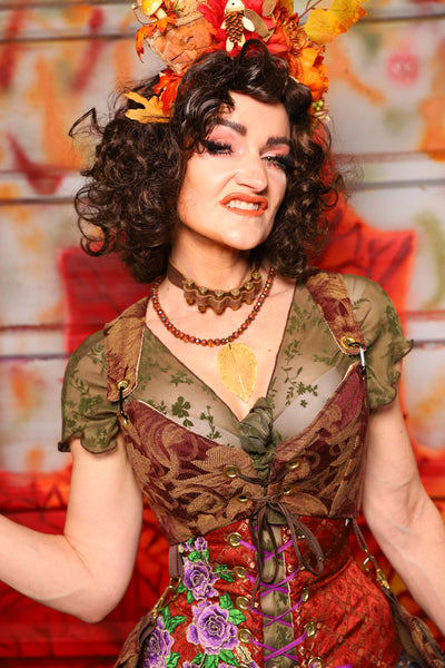 03. Cropped Courtier Corset in Burgundy and Gold Vine w/Detachable Pockets *PLEASE order by BUST Measurement, NOT waist!* - The Fall Fabulosity! Collection
