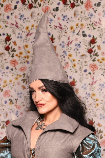 Tall Elf Hat in Gray Faux Leather - The Tudor Tidings Collection