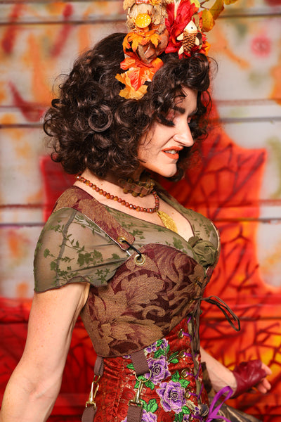 03. Cropped Courtier Corset in Burgundy and Gold Vine w/Detachable Pockets *PLEASE order by BUST Measurement, NOT waist!* - The Fall Fabulosity! Collection