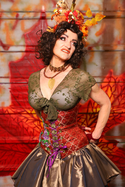 39. Wench Corset in Persimmon Square with Purple Floral -  The Fall Fabulosity! Collection