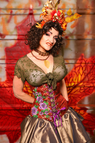 39. Wench Corset in Persimmon Square with Purple Floral -  The Fall Fabulosity! Collection