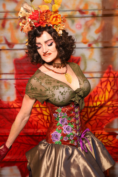 39. Wench Corset in Persimmon Square with Purple Floral -  The Fall Fabulosity! Collection