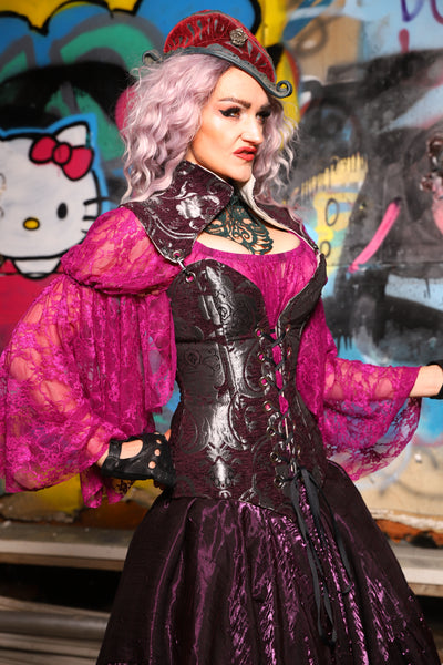 05. Overbust Corset w/Arch Collar In Plum and Silver Medallion - The Amaranth & Aster Collection