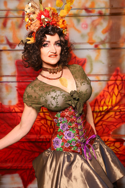 39. Wench Corset in Persimmon Square with Purple Floral -  The Fall Fabulosity! Collection