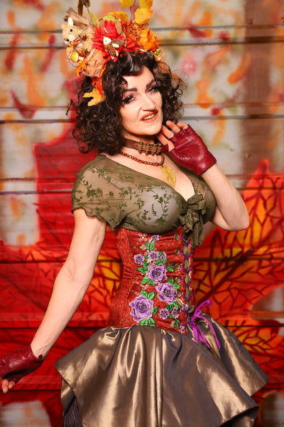 39. Wench Corset in Persimmon Square with Purple Floral -  The Fall Fabulosity! Collection