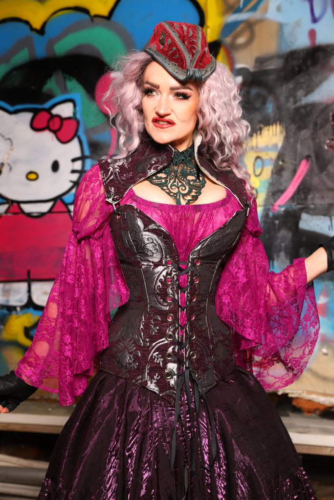 05. Overbust Corset w/Arch Collar In Plum and Silver Medallion - The Amaranth & Aster Collection