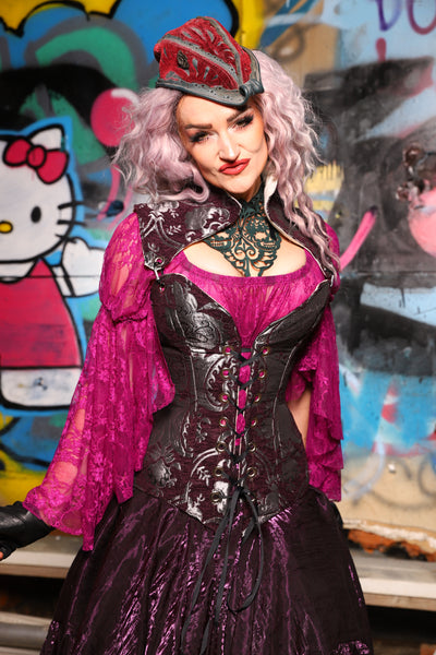 05. Overbust Corset w/Arch Collar In Plum and Silver Medallion - The Amaranth & Aster Collection