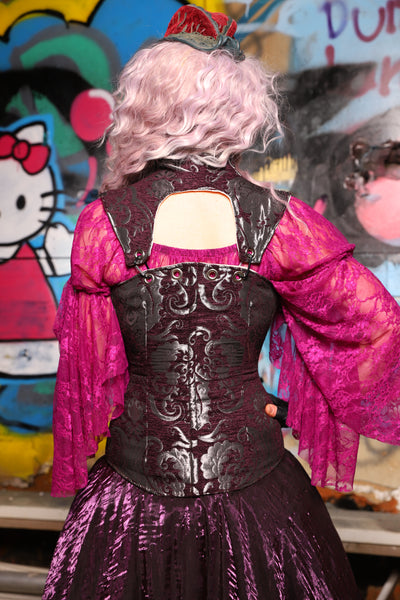 05. Overbust Corset w/Arch Collar In Plum and Silver Medallion - The Amaranth & Aster Collection