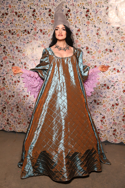 Medieval Gown with Long Lavender Lace Trim in Moonbeam Pintuck - The Tudor Tidings Collection