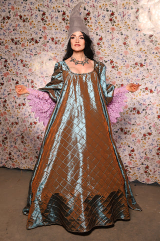 Medieval Gown with Long Lavender Lace Trim in Moonbeam Pintuck - The Tudor Tidings Collection