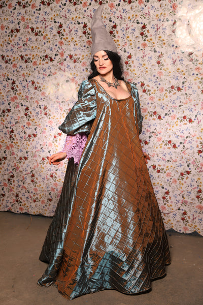 Medieval Gown with Long Lavender Lace Trim in Moonbeam Pintuck - The Tudor Tidings Collection
