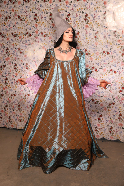 Medieval Gown with Long Lavender Lace Trim in Moonbeam Pintuck - The Tudor Tidings Collection