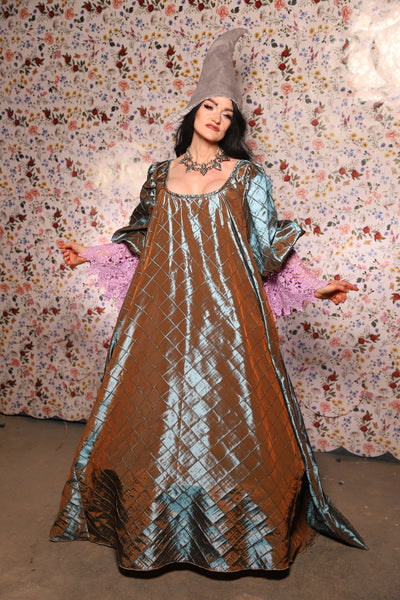 Medieval Gown with Long Lavender Lace Trim in Moonbeam Pintuck - The Tudor Tidings Collection