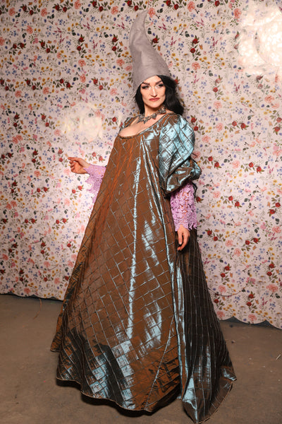 Medieval Gown with Long Lavender Lace Trim in Moonbeam Pintuck - The Tudor Tidings Collection