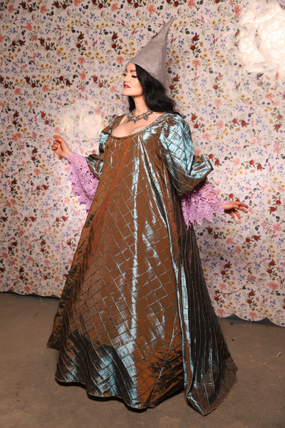 Medieval Gown with Long Lavender Lace Trim in Moonbeam Pintuck - The Tudor Tidings Collection