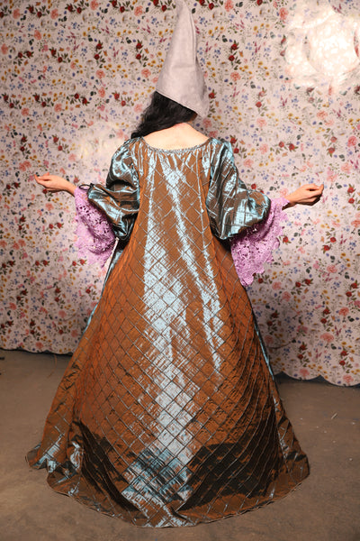 Medieval Gown with Long Lavender Lace Trim in Moonbeam Pintuck - The Tudor Tidings Collection
