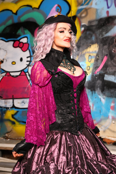 04. Overbust Corset w/Arch Collar Pitch Black Damask - The Amaranth & Aster Collection