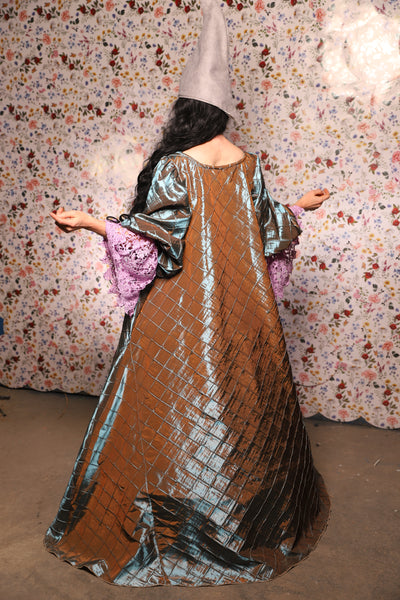 Medieval Gown with Long Lavender Lace Trim in Moonbeam Pintuck - The Tudor Tidings Collection