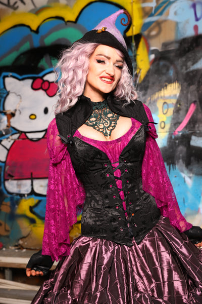 04. Overbust Corset w/Arch Collar Pitch Black Damask - The Amaranth & Aster Collection
