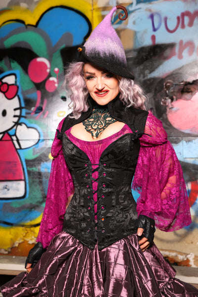 04. Overbust Corset w/Arch Collar Pitch Black Damask - The Amaranth & Aster Collection